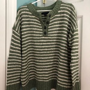 Green and white stripped button up sweater